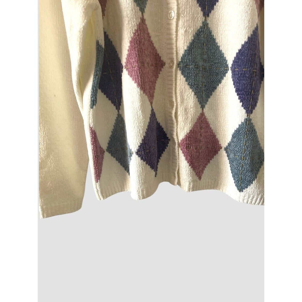 Alfred Dunner Chenille Cardigan Sweater Size Large Granny White Argyle Vtg - Picture 3 of 4